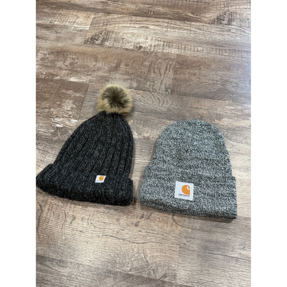 Carhartt Beanie Bundle Womens Pom Pom Ribbed Knit and Salt & Pepper Watch Hat
